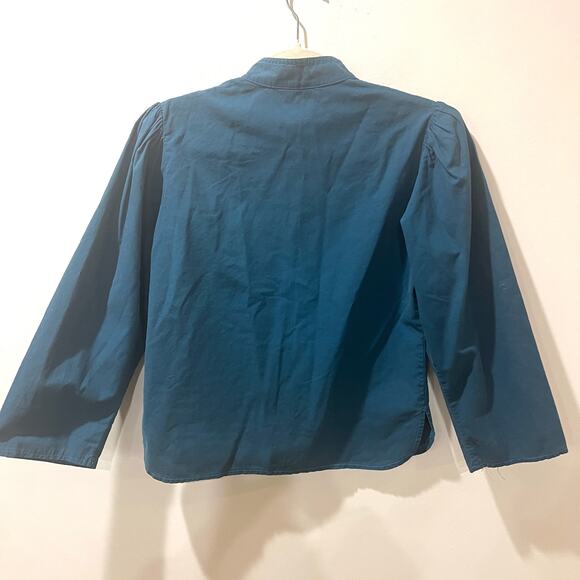 Vtg Patty Woodard 100% cotton button front shirt teal blue small puff sleeve - Picture 2 of 11